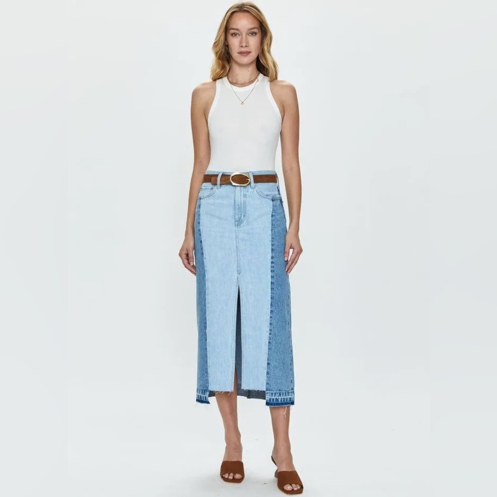 Pistola Women's Alice Two-Tone Fray Hem Midi Denim Skirt Size 30 NWT